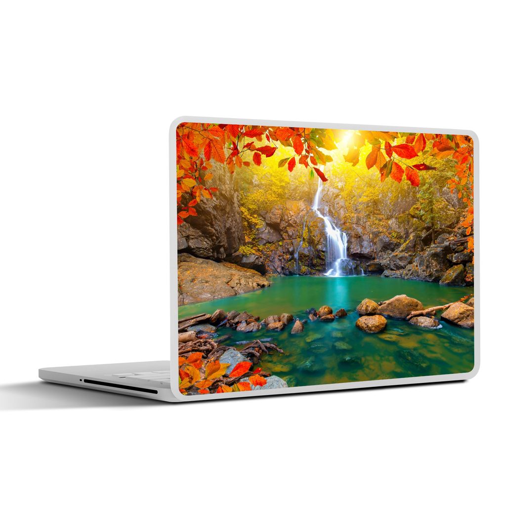 MuchoWow Laptop Aufkleber Sticker Cover Steine - Baum - Wasserfall - Herbst - Rot 31x22.5 cm - Laptop-Deko