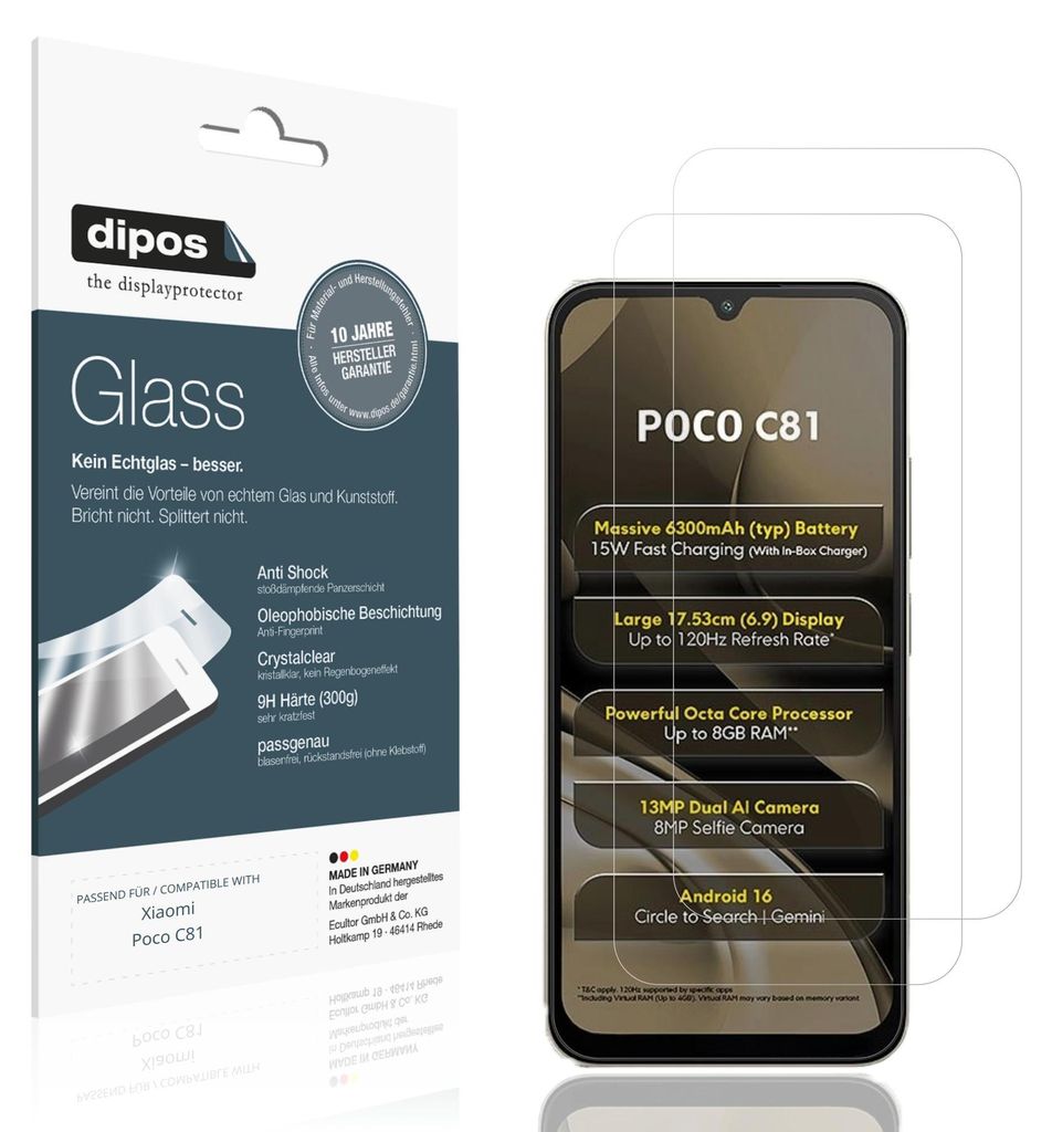2x Schutzfolie für Xiaomi Poco C81 - Anti-Shock 9H Folie dipos Glass Kunststoffglas