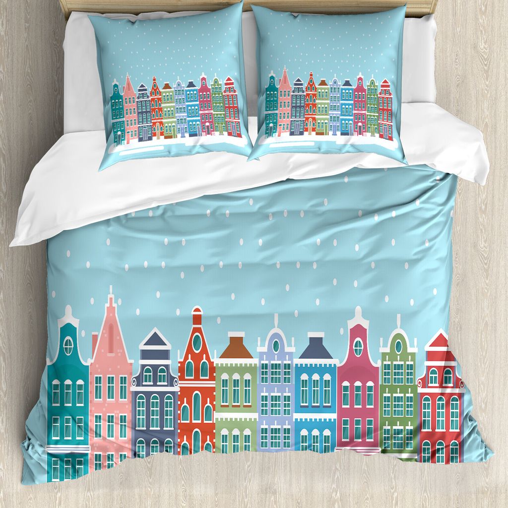 ABAKUHAUS Amsterdam Bettbezug Set für Einzelbetten, Snowy Stadt in Holland, Milbensicher Allergiker geeignet mit Kissenbezug, 200 cm x 200 cm - 80...