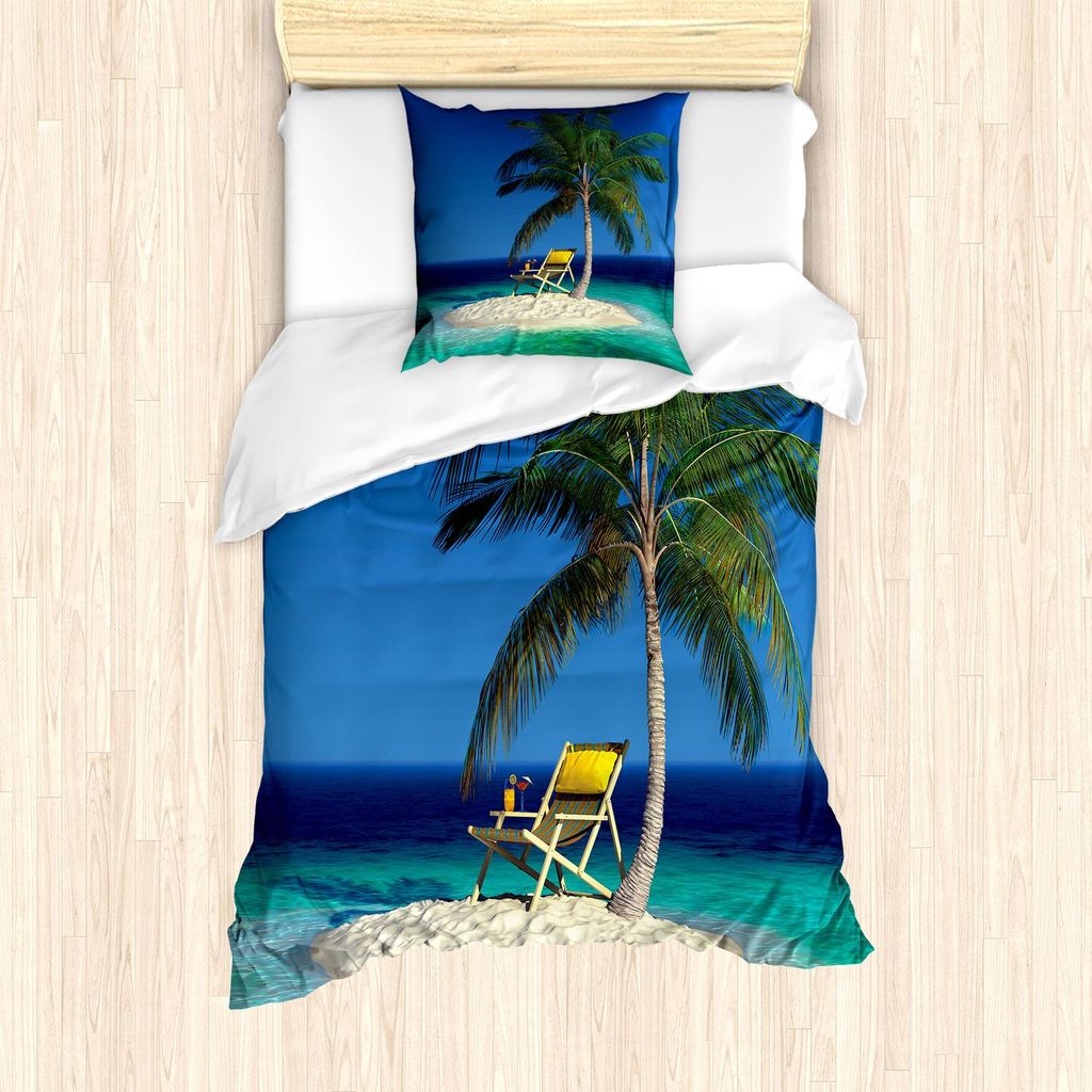 ABAKUHAUS Strand Bettbezug Set, Stuhl Unter Einer Palme Auf Einem Kleinen Unbewohnten Tropischen Insel Klaren Ozean, 135 x 200 cm + 80 x 80 cm, Gr...