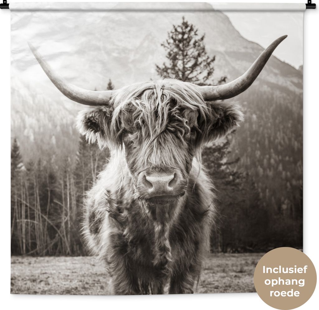 MuchoWow Wandteppich Wandbehang Schottisches Hochlandrind - Tiere - Schwarz - Weiß 150x150 cm Tapisserie Dekoration Wandtuch - Wohnaccessoires -...
