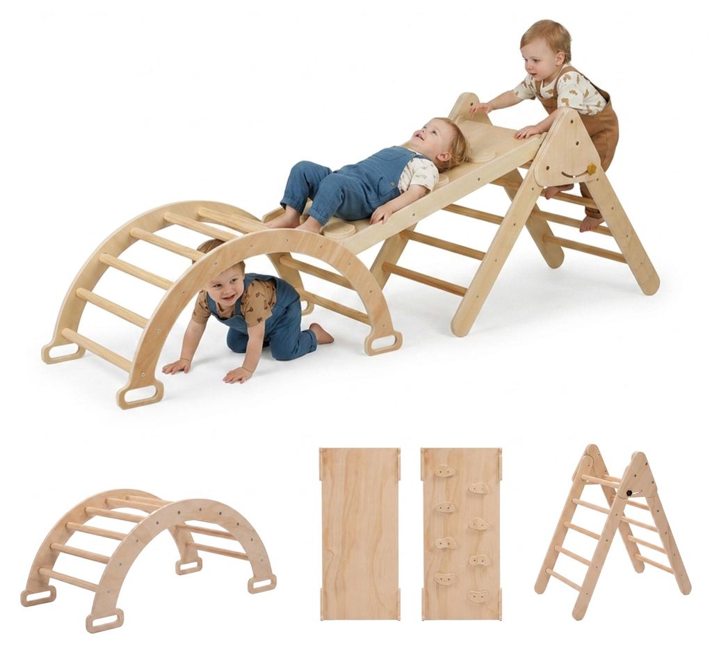 Relaxdays Kletterdreieck, 3 in 1, Kletterbogen, doppelseitige Rutsche, ab 18 Monaten, Holz, Indoor Klettergerüst, natur