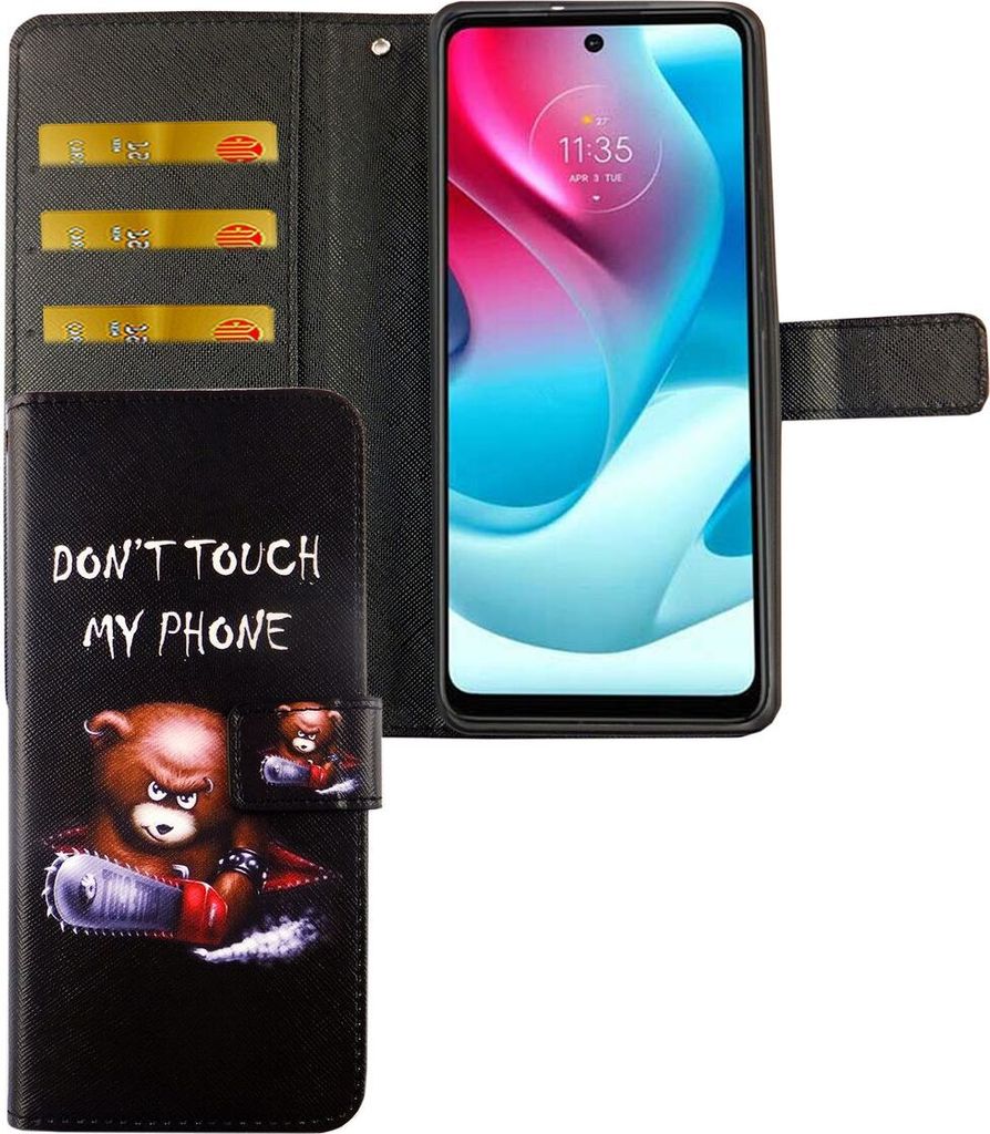 Motorola Moto G60S Tasche Handy Hülle Schutz-Cover Flip-Case mit Kartenfach, Farbe:Dont Touch My Phone Bär