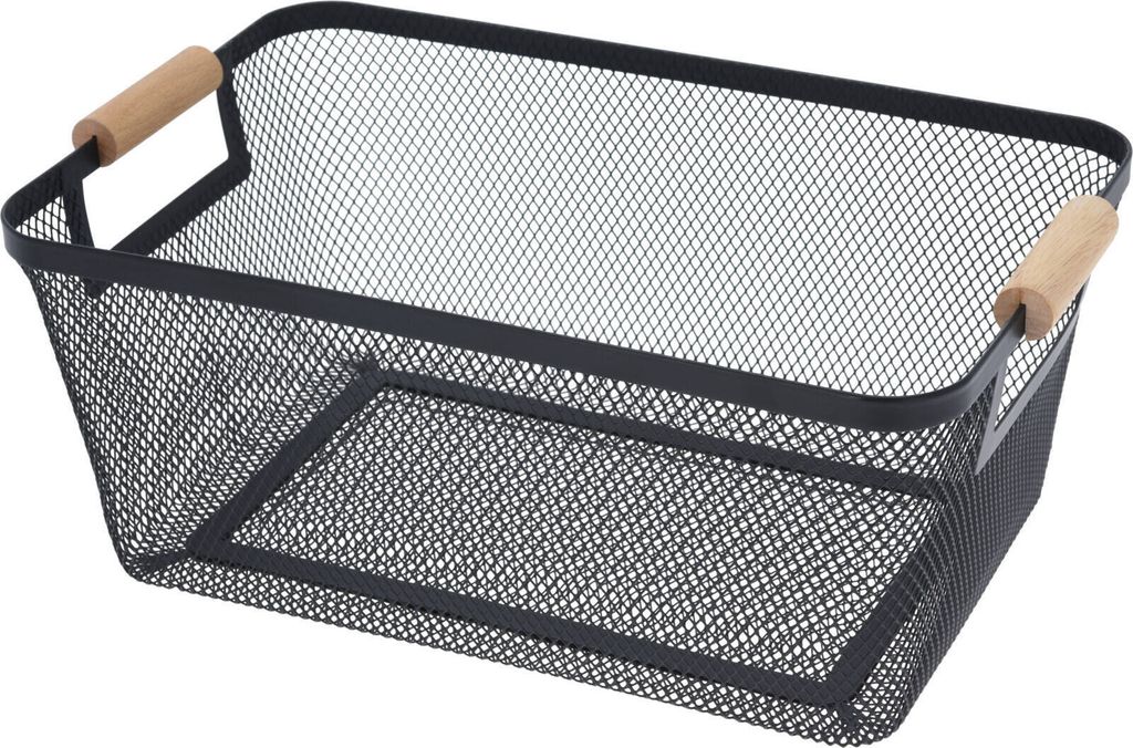 Excellent Houseware | Metallkorb - 35x23x16 cm - Schwarz - Stilvoller Organizer mit Holzgriffen - Obstkorb