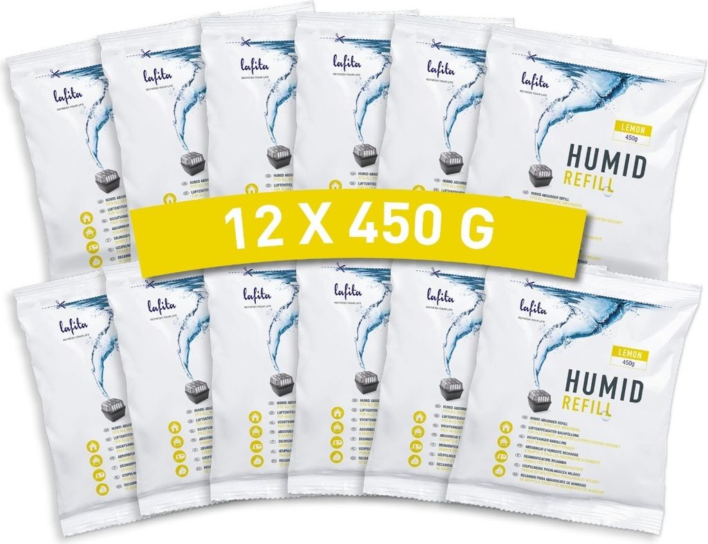 12x Lafita Luftentfeuchter Nachfüllung - 450 Gramm - Zitronenduft - Granulat - Feuchtigkeit Absorber Nachfüllpack
