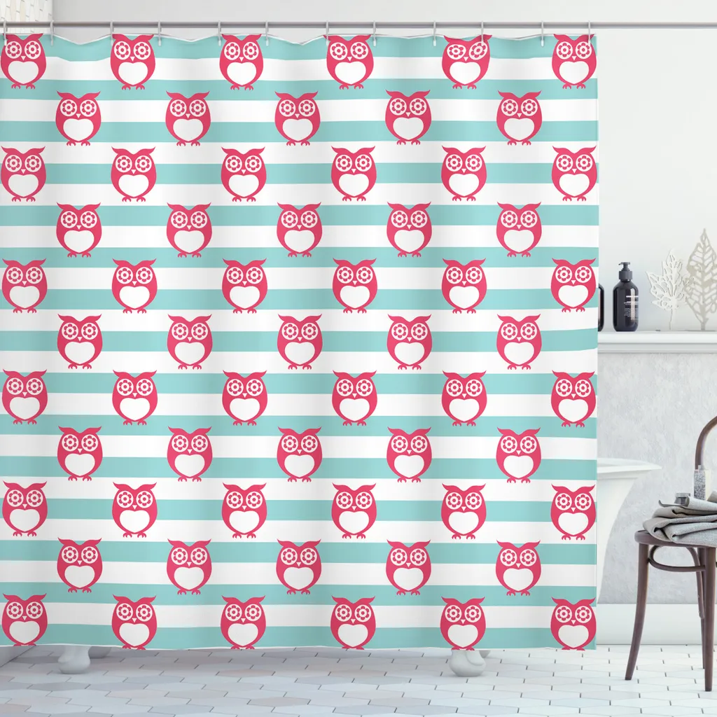 Rideau de douche anti-moisissure hibou rose et turquoise avec 12 anneaux