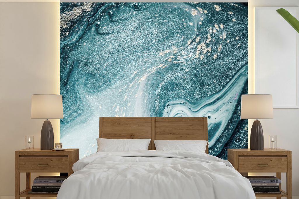 MuchoWow Fototapete für Wohnzimmer oder Schlafzimmer Wandtapete Vinyl Motivtapete Edelsteine - Blau - Natur - Marmor - Abstrakt - 220x220 cm - T...