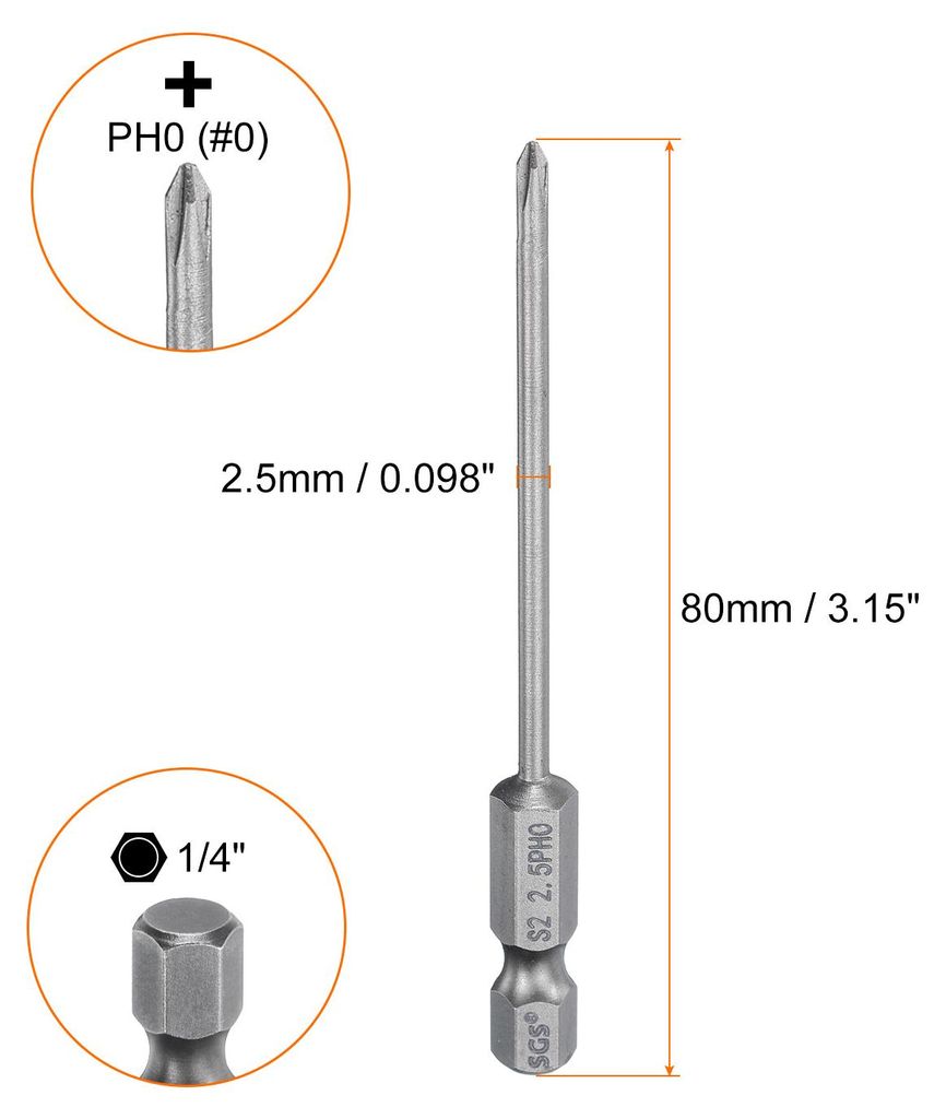 5 Stš¹ck PH0 Phillips Schraubendreher Bit Set mit 1/4" Sechskantschaft, 2.5mm Stab 80mm Lang Magnetische Kreuzkopf Bitsatz S2 Stahl Bohrer Elektr...