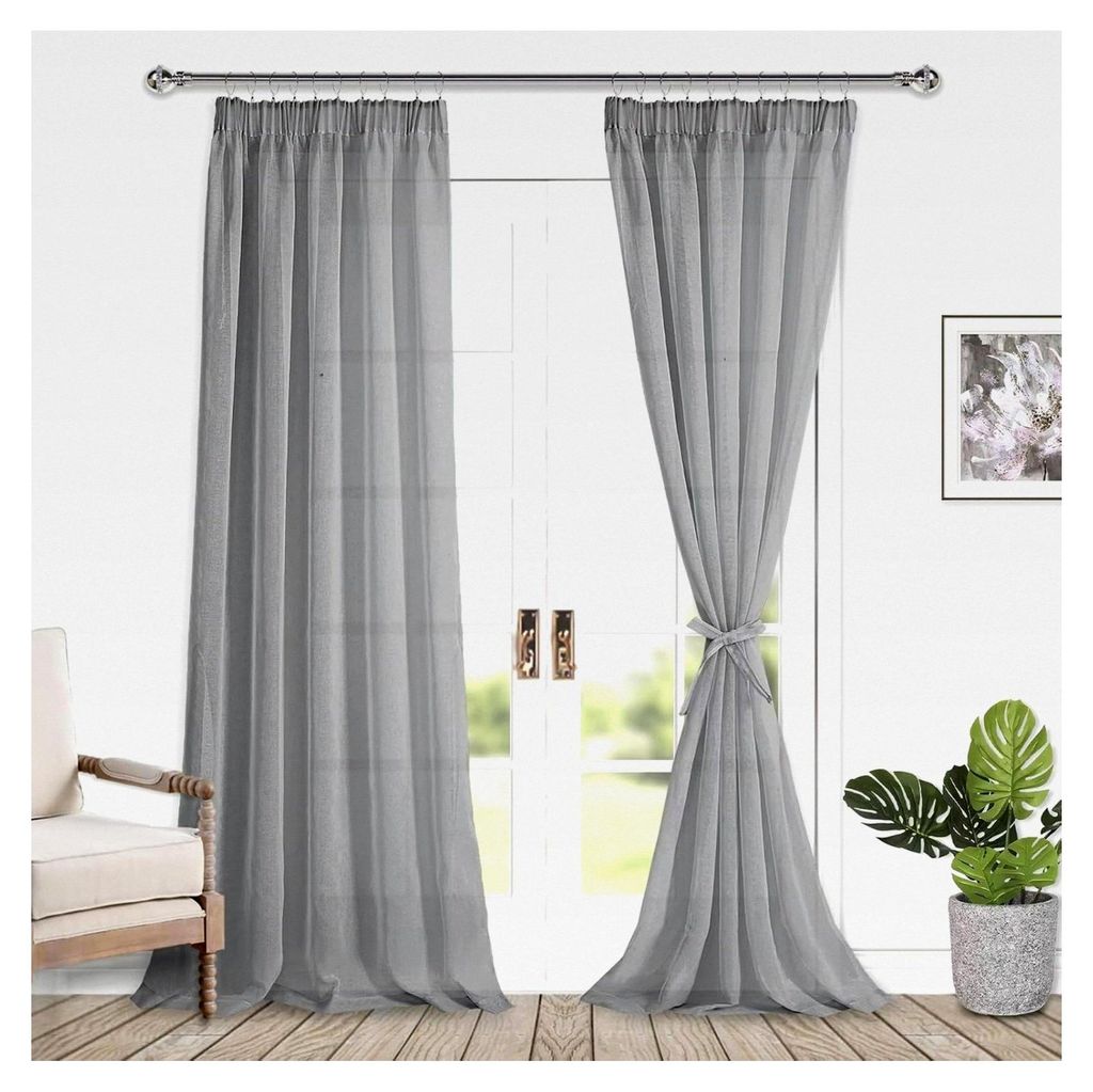 Voile Vorhänge mit Kräuselband in Leinenoptik, 2 Stück, halbtransparent, grau, 245x140cm (Höhe x Breite)
