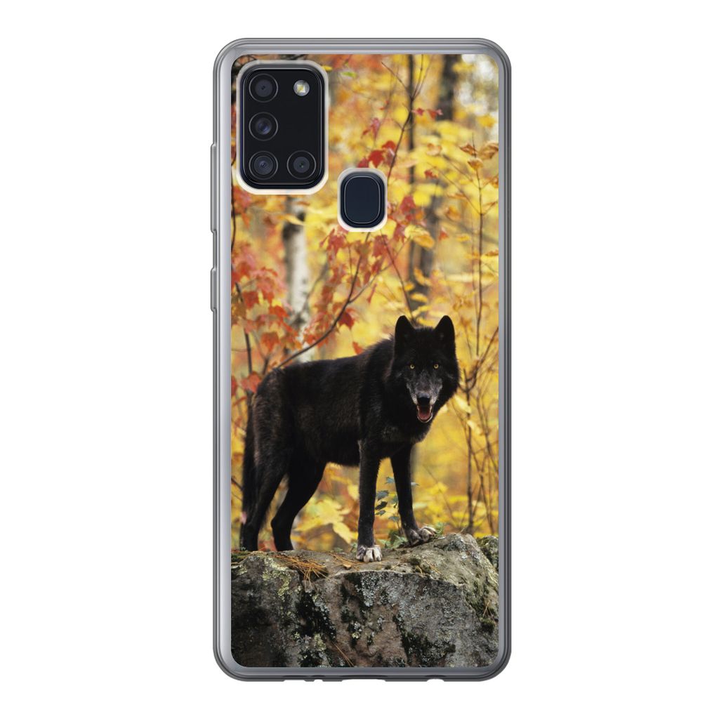 MuchoWow Handyhülle Schutzhülle Hülle für Samsung Galaxy A21s Wolf - Fels - Baum Silikon Softcase Handy Hülle - Hartschale
