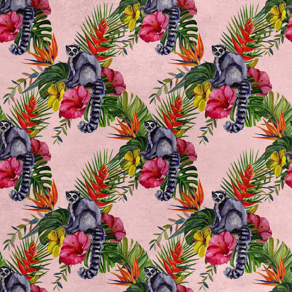 Royal Samt Stoff Polyester Zum Nähen - Motiv Lemur auf Blumen