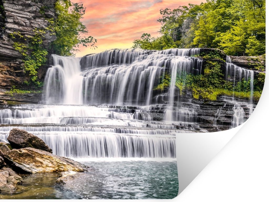 MuchoWow Wandtattoo Wandsticker Wandaufkleber Wasserfall - Wasser - Steine - Pflanzen - Natur 120x90 cm Selbstklebend und Repositionierbar - Aufk...