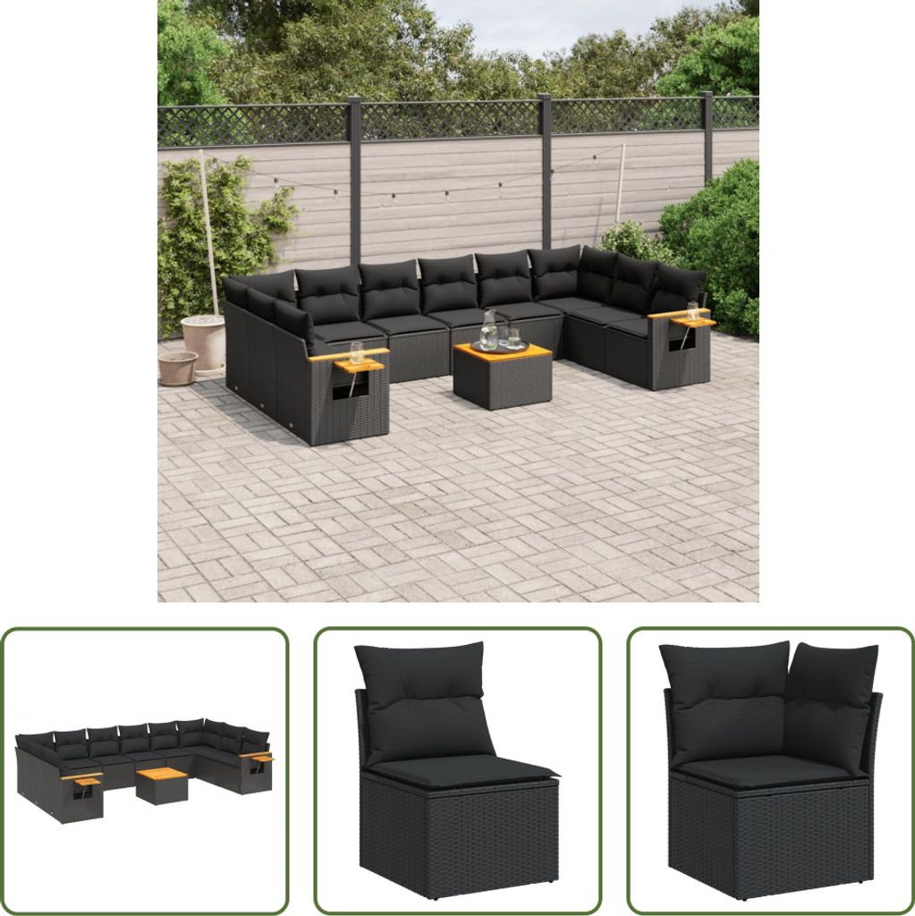 The Living Store 11-tlg. Garten-Sofagarnitur mit Kissen Schwarz Poly Rattan