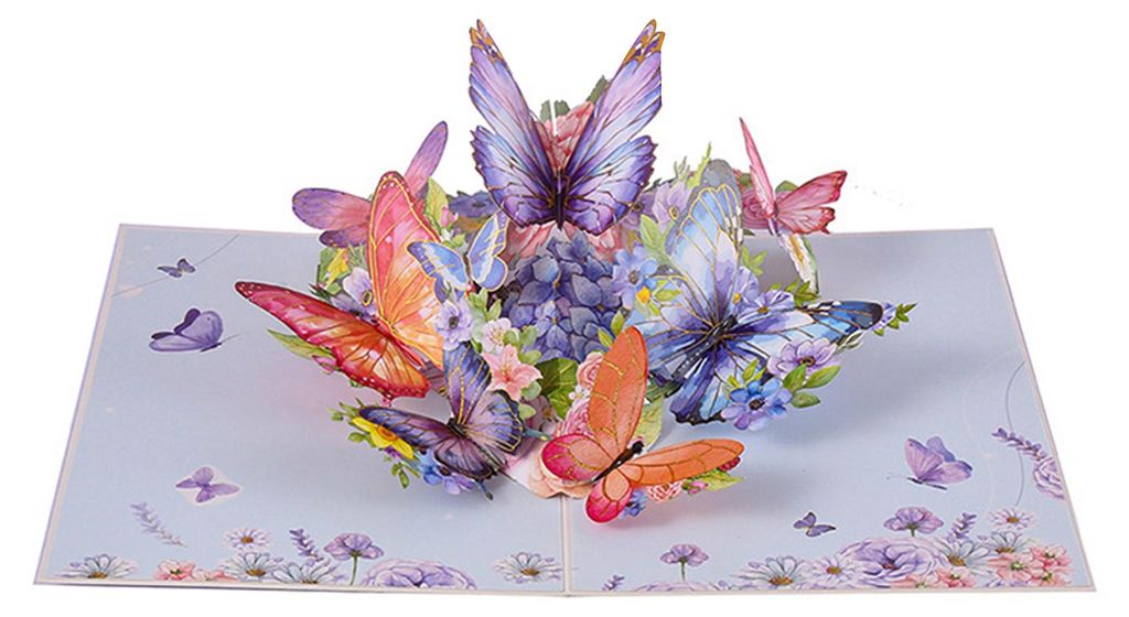 Schmetterlingsgarten 3D-Pop-Up-Karte 15 x 20 cm (6 x 8 Zoll) Papier-Grußkarte mit Schmetterlingen und Blumen für Geburtstag, Muttertag, Jahrestag...