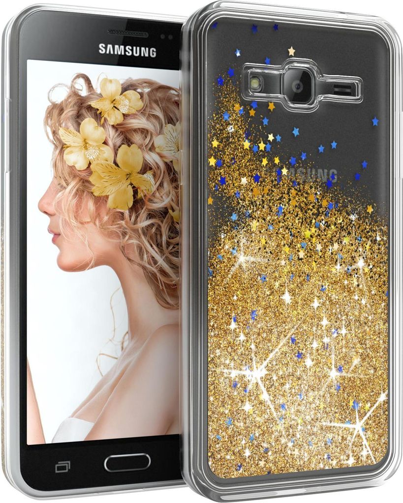 EAZY CASE - Glitzer Hülle kompatibel mit Samsung Galaxy J3 (2016) Glitzer Schutzhülle, Soft Case, Backcover Transparent mit Motiv