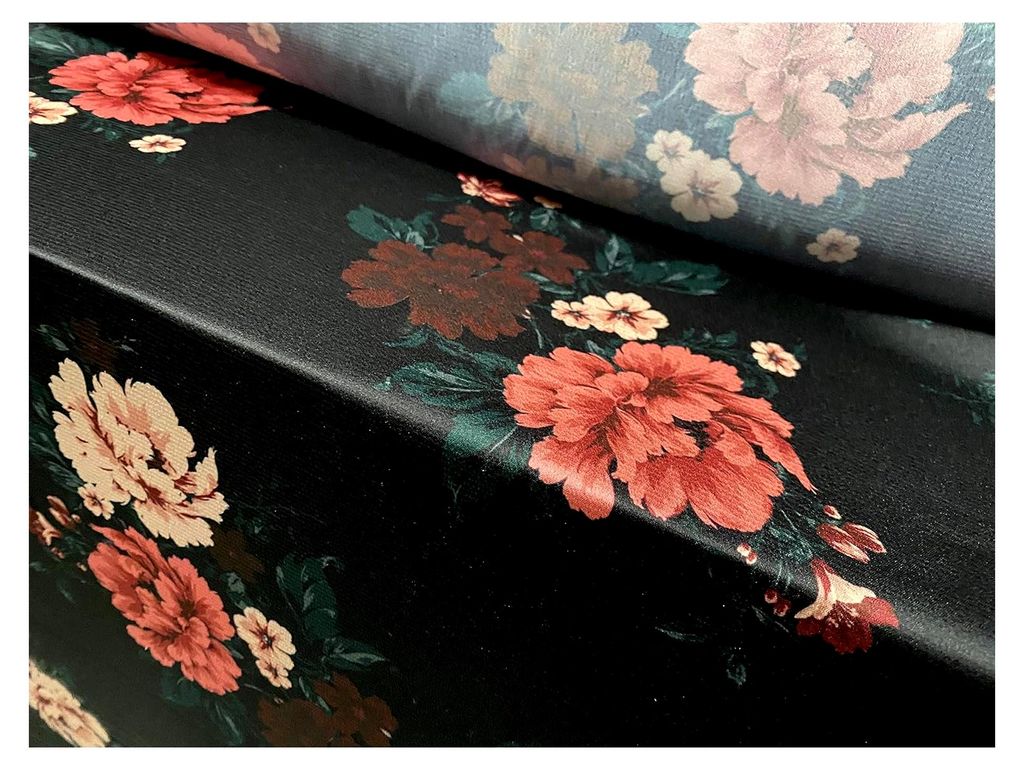 Stretch-Satin-Stoff, gewebt, Meterware, Schwarz mit rosa Blumenmuster