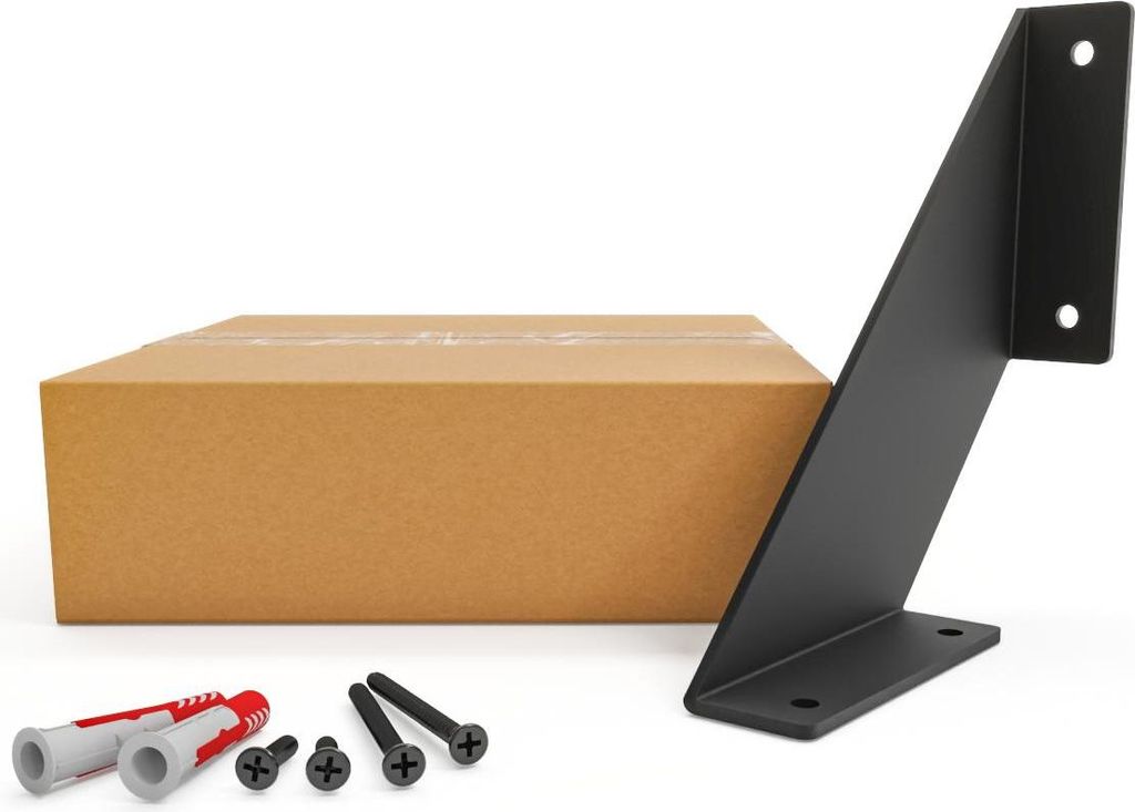 A product shot of a black metal shelf bracket, a cardboard box, and mounting hardware, all on a white background.