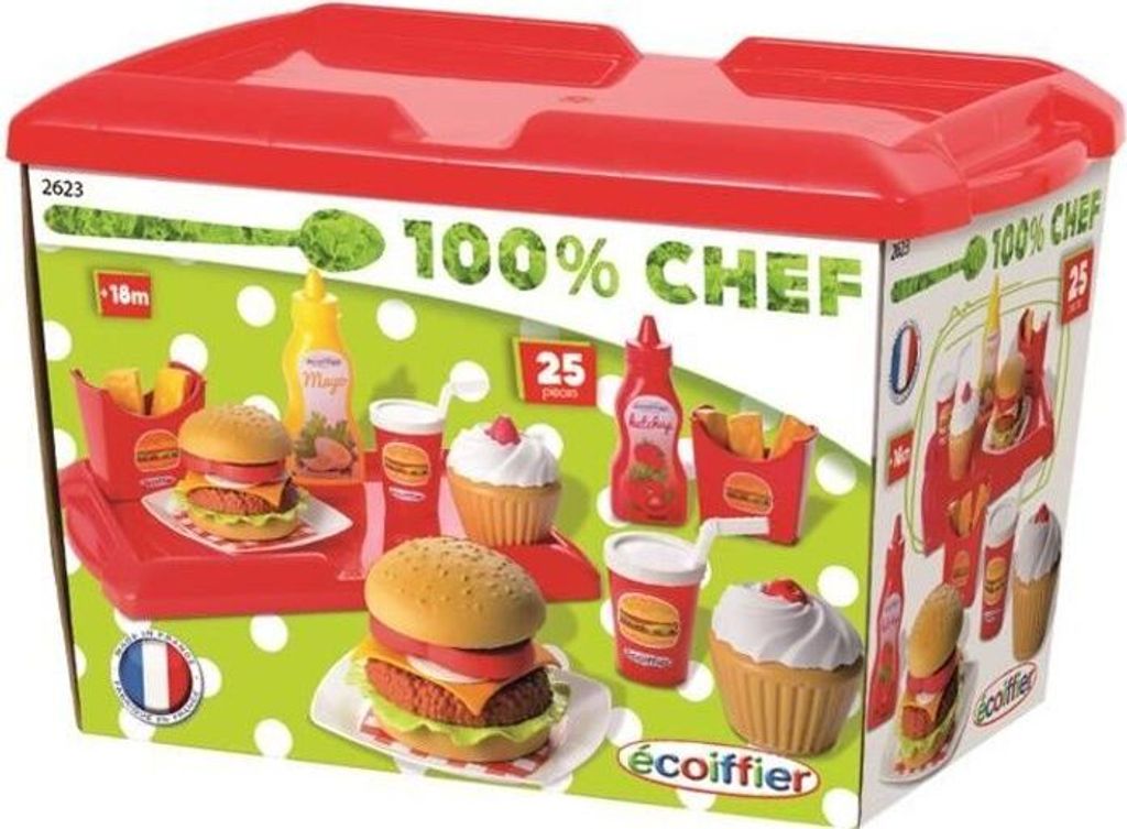 Spielküche Hamburger Set, Spielzeug Fast-Food Menü für 2 Personen, Mit Zubehör, Ecoiffier Chef
