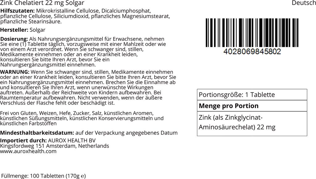 Zink Chelatiert 22 mg 100 Tabletten Solgar Produktbild 