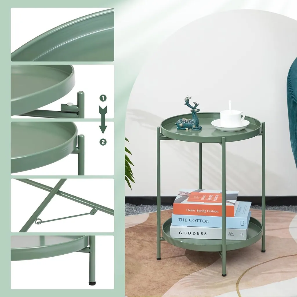 Bout de canapé rond métal vert herbe à double plateau design moderne