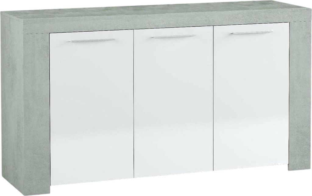 Anrichte Dalbier, Modernes Sideboard mit 3 Türen, Buffet im Wohnzimmer, Fernsehschrank, Sideboard für Wohnzimmer, 144x42h80 cm, Beton und Weiß
