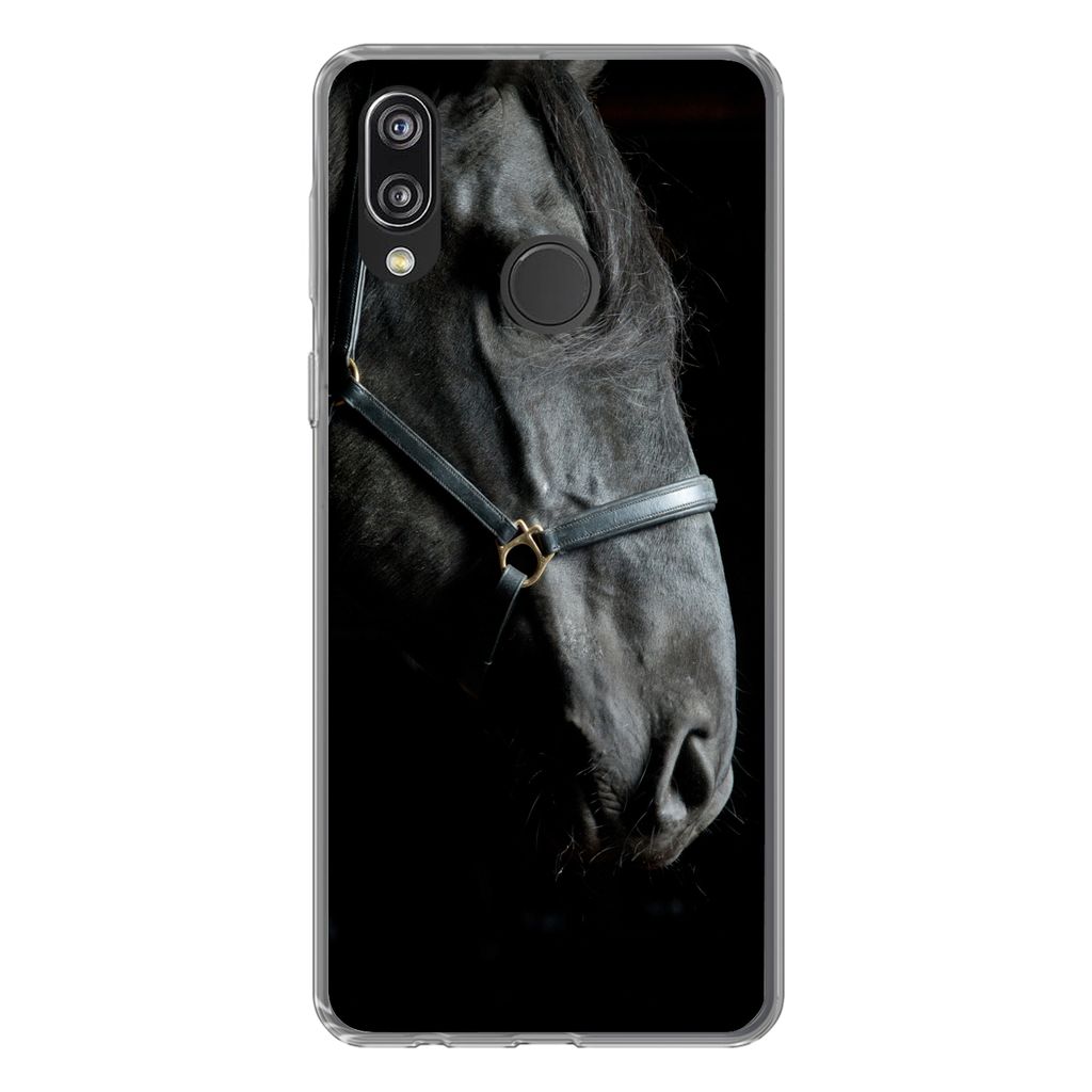 MuchoWow Handyhülle Schutzhülle Hülle für Huawei P20 Lite (2020) Pferd - Leicht - Schwarz Silikon Softcase Handy Hülle - Kartenhalter