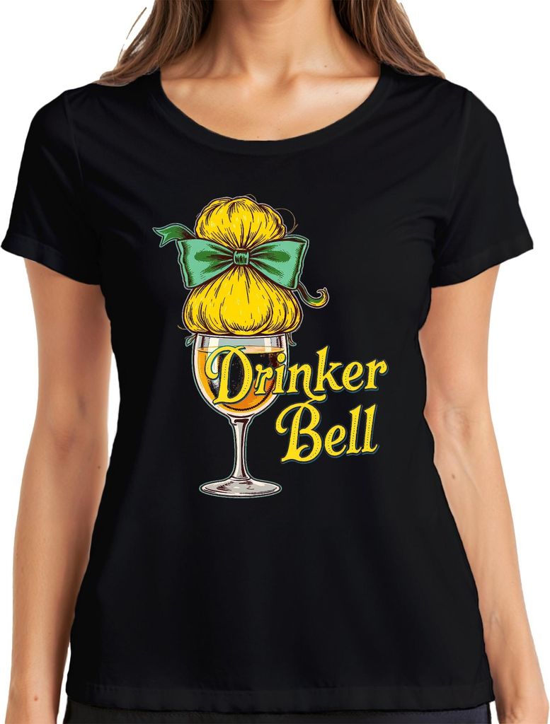 Drinker Bell Weinliebhaber Weinglas Dutt Schleife Karneval Party Damen T-Shirt, Schwarz, XL