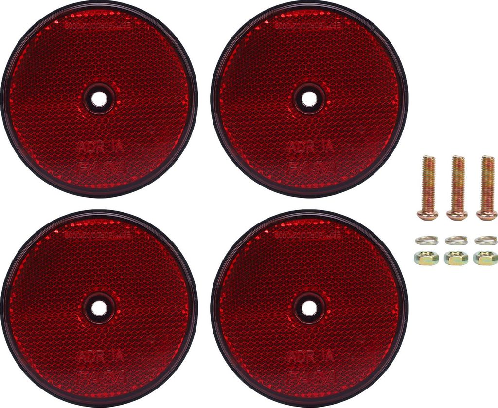 4 Stück Sicherheitsreflektoren, rot, rund, 72 mm Durchmesser, mit Schraube für Briefkästen, Einfahrten, Tunnel, Postautos, Anhänger