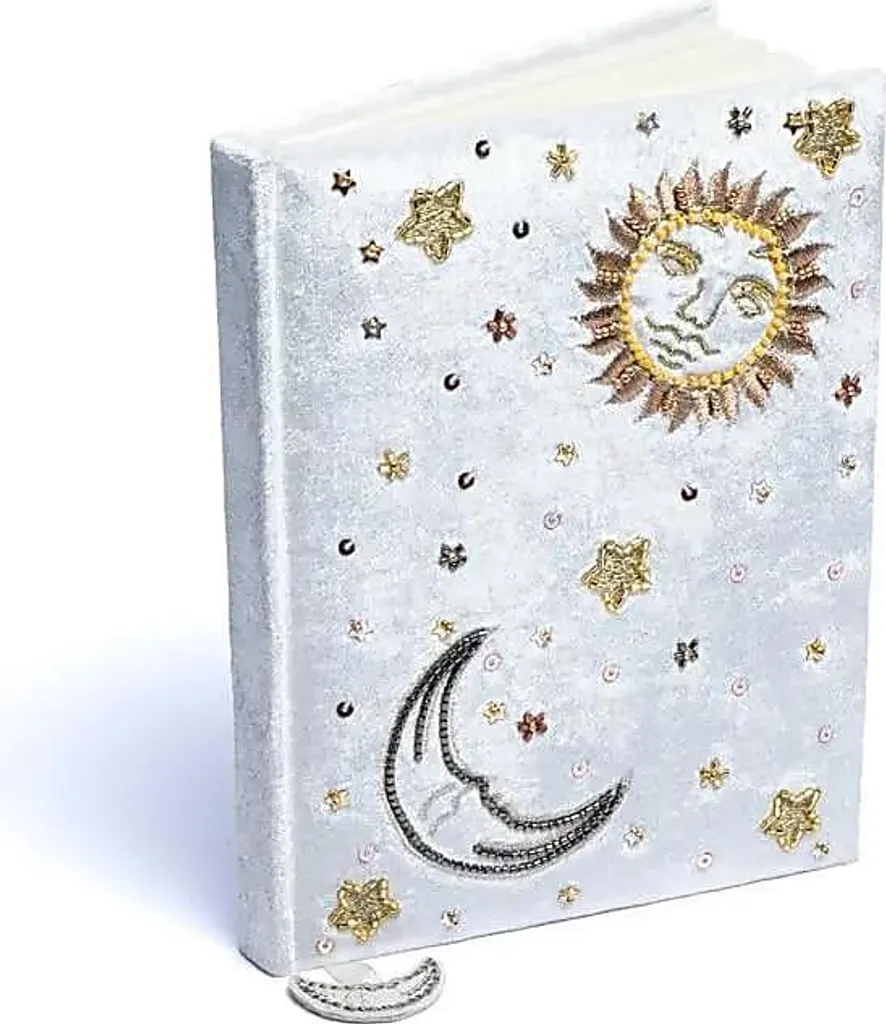 Carnet de Notes Velours Blanc avec Broderie Soleil Lune Format 20x15