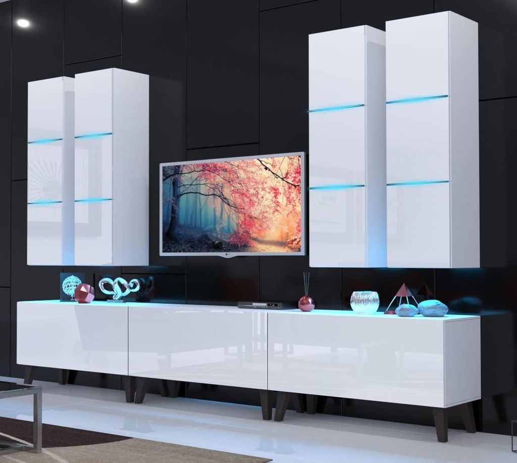 Furnitech Wohnwand Wohnzimmer - Wohnzimmer Möbel mit LED RGB - 16 Farben - Wohnwand Modern - Wohnzimmer Schrankwand mit Regale und TV Schrank (Fut...