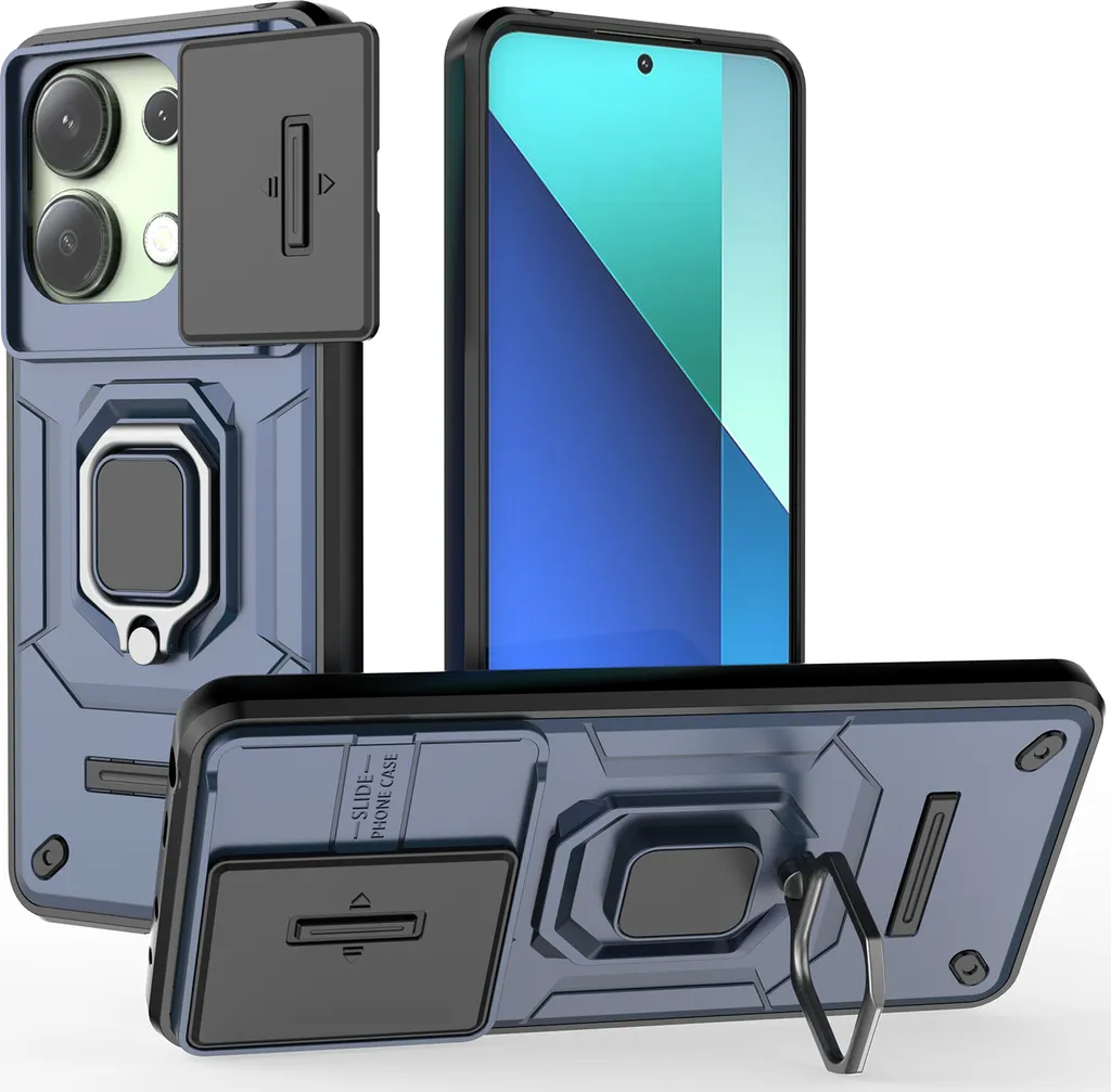 Custodia per Xiaomi Redmi Note 13 4G a doppio strato con protezione scorrevole della fotocamera e supporto ad anello, supporto blu