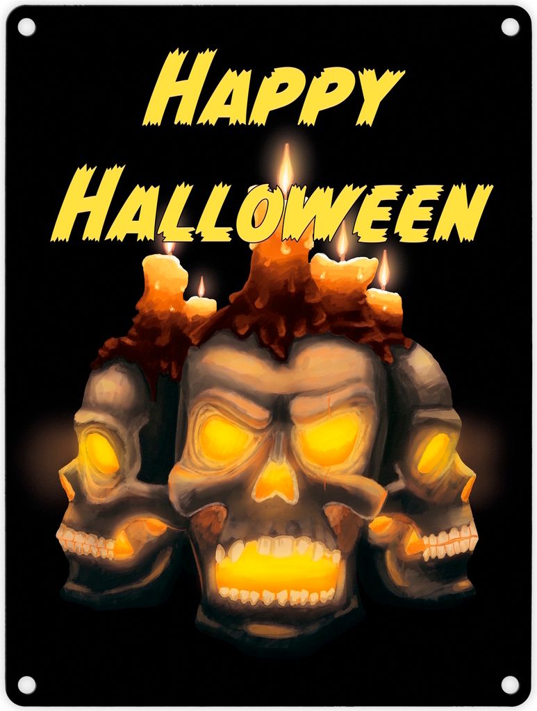 Metallschild in 15x20 cm für Halloween mit Totenköpfen und Schriftzug - Happy