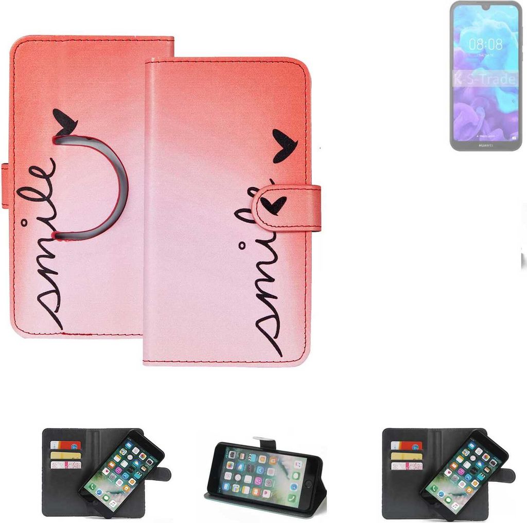K-S-Trade Schutzhülle Handyhülle kompatibel mit Huawei Y5 (2019) Hülle cover bookstyle Etui ''smile'' rot Standfunktion Kameraschutz (1Stk)