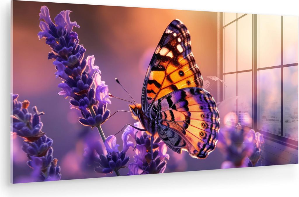 MuchoWow Glasbilder - Bilder auf Wandbild - Foto auf Glas Blumen - Schmetterling - Lavendel - Blume - Natur 40x20 cm Wanddekoration aus Glas - Acry...