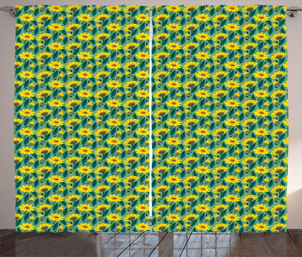 ABAKUHAUS Rideaux Rustiques Fleurs d'Été Laurier Jaune 280x225 cm