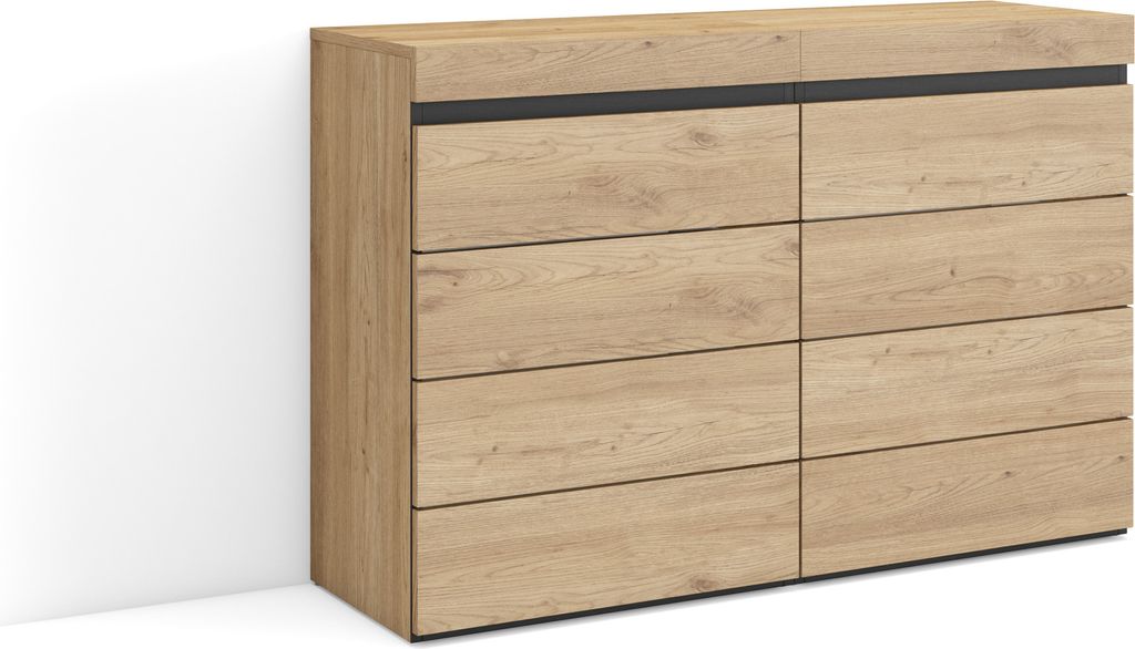A wooden dresser with eight drawers against a white wall.