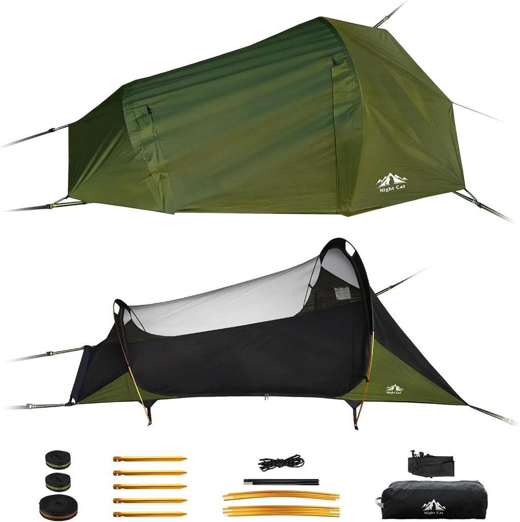 Night Cat Hängematte Outdoor Wetterfest: Bodenflacher Hängemattenzelt mit Moskitonetz und Tarp XXL leicht für 1 Personen Camping Trekking und Ga...