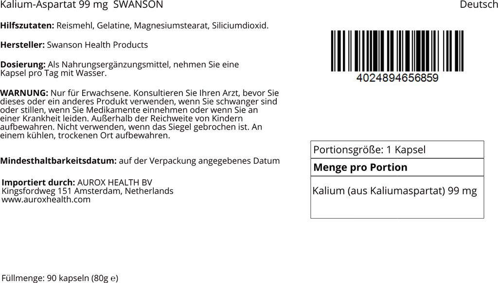 Potassio aspartato 99 mg 90 capsule Swanson Health Products Immagine del prodotto 