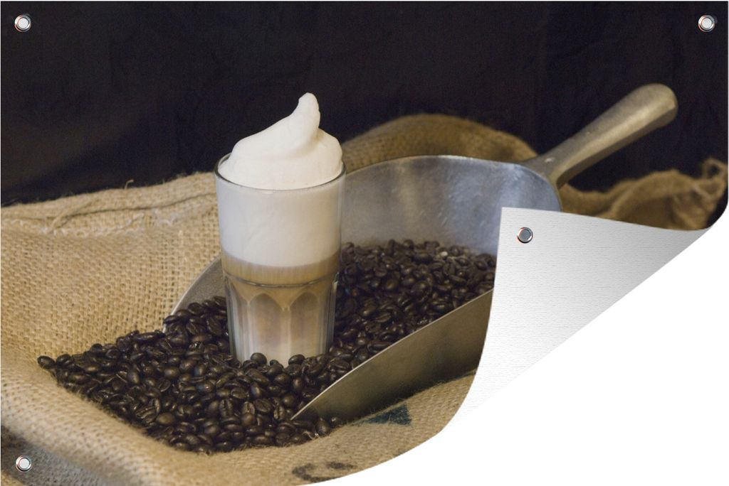 MuchoWow 60x40 cm Outdoor-Poster Gartendeko Sichtschutz Garten Poster für den Garten Latte macchiato mit Bohnenkaffee