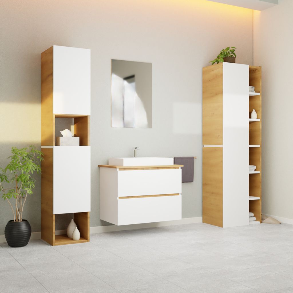 Garlivo Waschbeckenunterschrank GLB-80 Weiss mit Schubladen, Badezimmer Waschtischunterschrank hängend , Breite 80 cm, Soft-Close, Push-to-Open/ T...