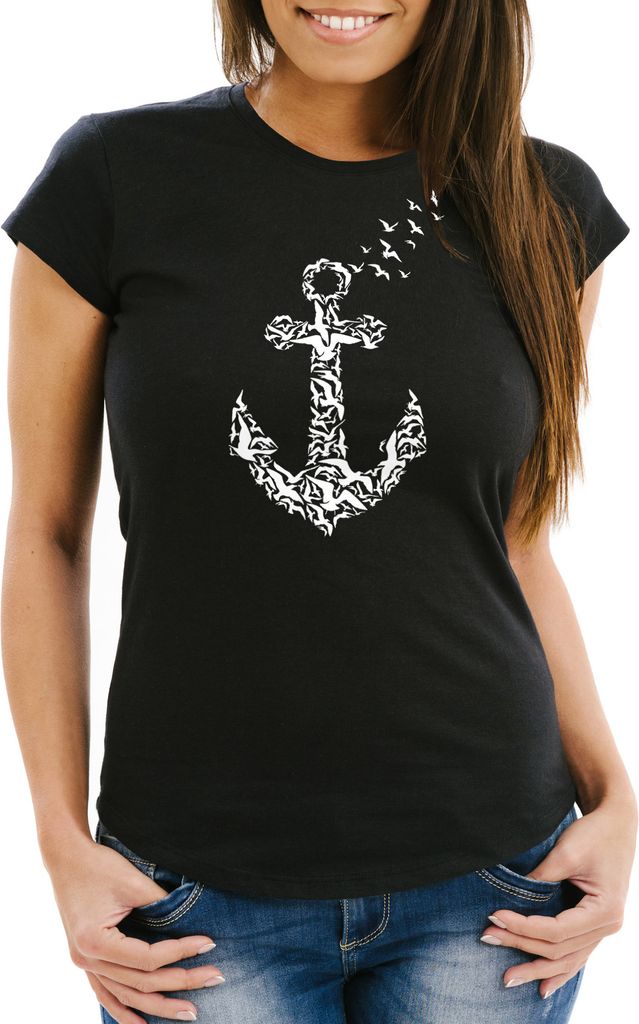 Damen T-Shirt Vogel Anker Anchor Birds Slim Fit Neverless schwarz L