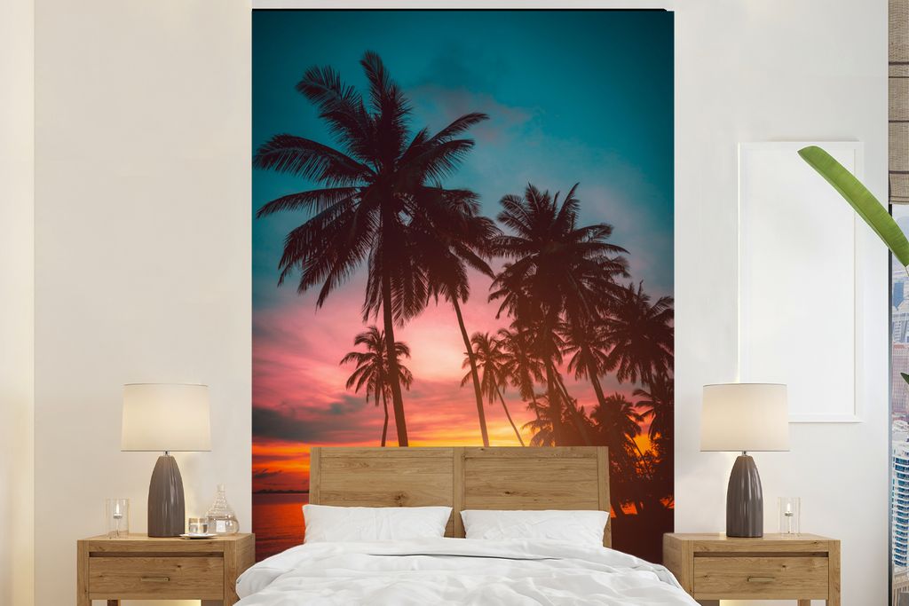 MuchoWow Fototapete für Wohnzimmer oder Schlafzimmer Wandtapete Vinyl Motivtapete Meer - Palme - Sonnenuntergang - Strand - Silhouette - 145x220...