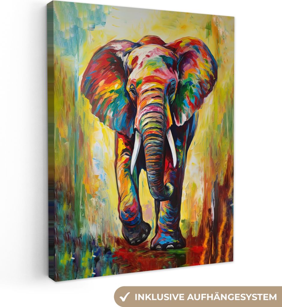 MuchoWow - Leinwandbilder - Elefant - Kunst - Malerei - Tiere - Regenbogen, Wandbild, Wanddeko Bilder Wohnzimmer, 60x80 cm
