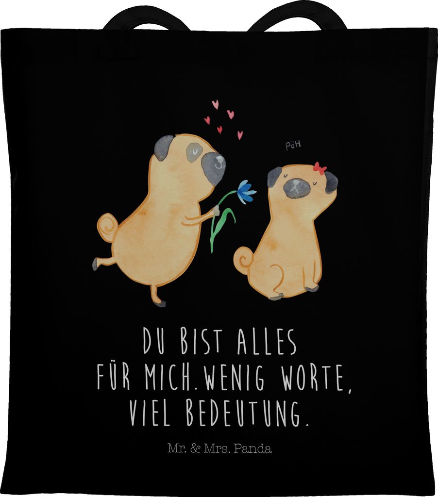 Mr. & Mrs. Panda Tote Bag Mops Verliebt - Schwarz - Geschenk, canvas tasche, Liebe, Jutebeutel, Sprüche, Hund, Möpse, Einkaufstasche, Laptoptasch...