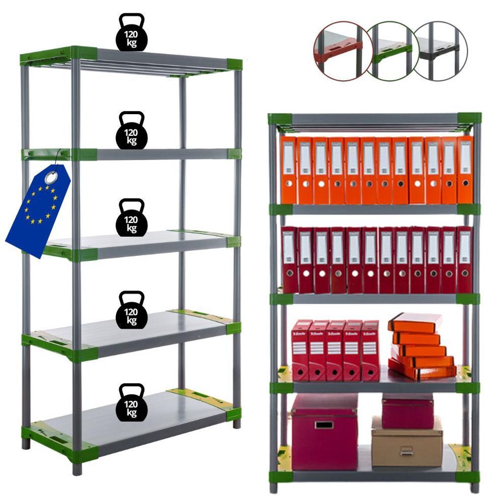 MODO24 Kunststoffregal, 5 Ablagen, 120kg/Boden, Schwerlast, Steckregal, Lagerregal, Plastikregal, Werkstatt, 180x120x46?cm, Grün, JUPITER