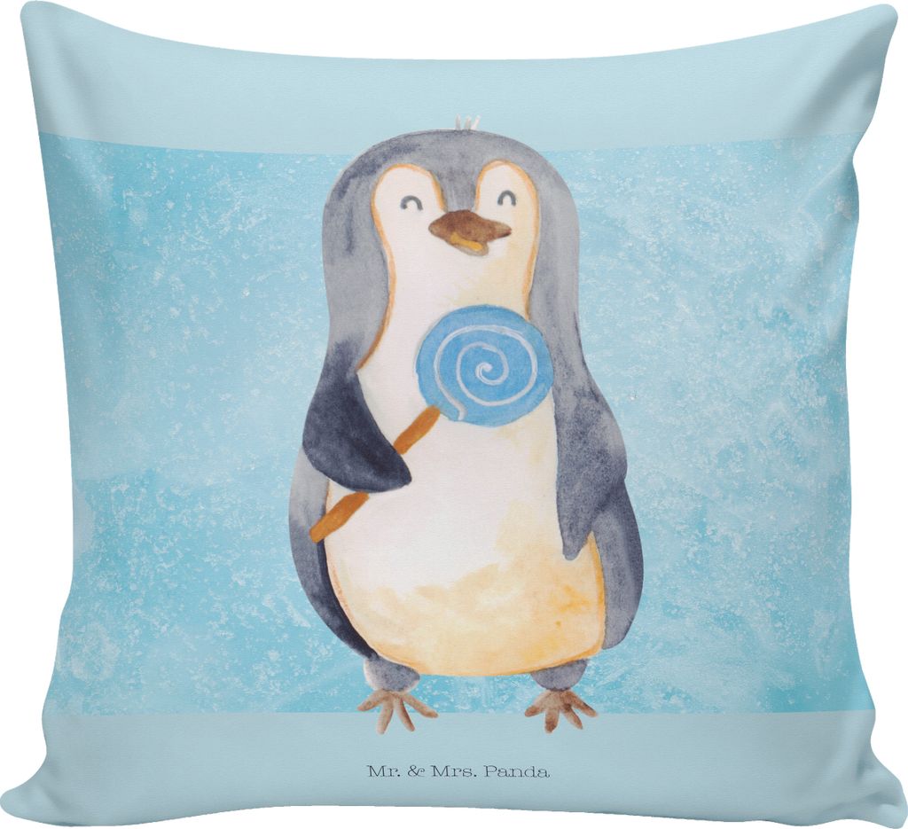 Mr. & Mrs. Panda Deko Kissen Pinguin Lolli - Eisblau - Geschenk, Süßigkeiten, Naschen, couch, Spruch, Heißhunger, 40x40, zier, Dekokissen, kusch...
