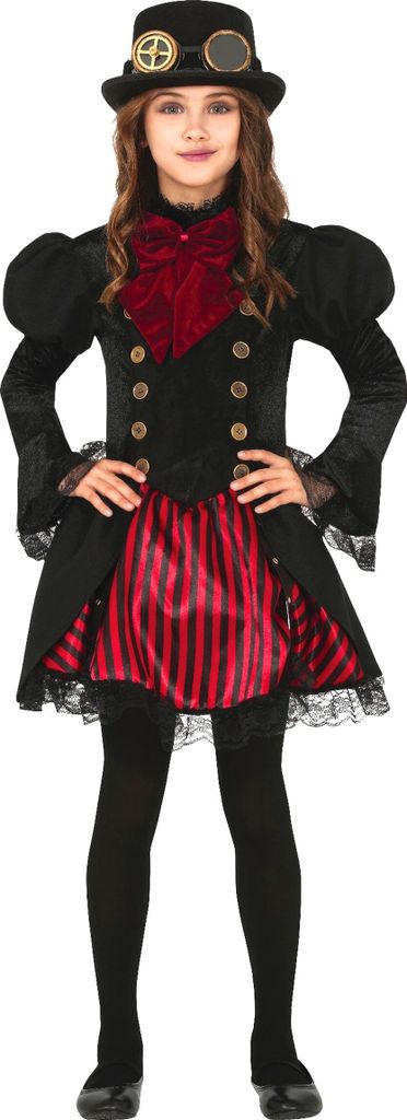Steampunk Halloween Outfit Kinder Kürbismond Grusel Party Viktorianischer Stil Rot Schwarz Zeitreise Kostüm Abenteuer Fasching Kinderfest Vampirk...