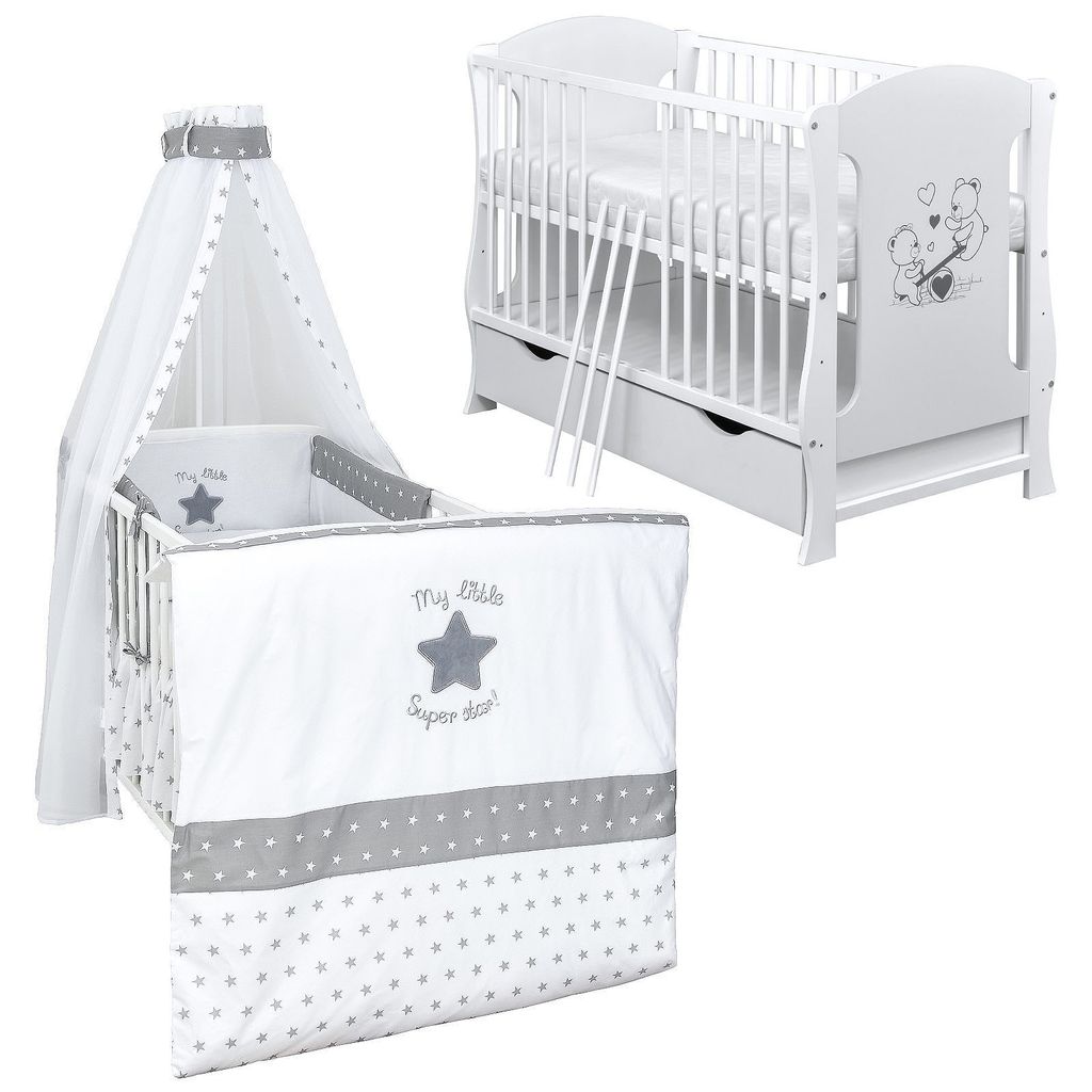 Babybett Kinderbett Teddymond 120x60 Matratze Holz Weiß Neu 