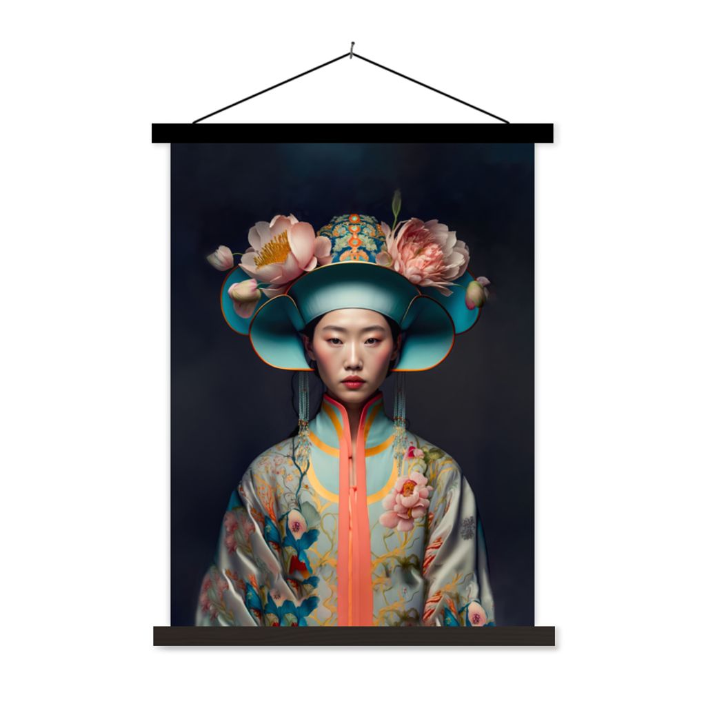 MuchoWow Textilposter Frauen - Asiatisch - Porträt - Kleidung - Blumen 90x120 cm mit schwarzem Rahmen - Dekoration