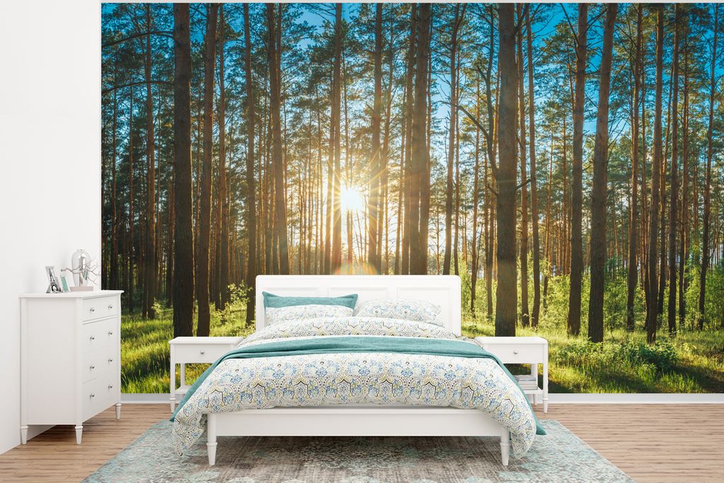 MuchoWow Fototapete für Wohnzimmer oder Schlafzimmer Wandtapete Vinyl Motivtapete Sonne - Bäume - Landschaft - Gras - 320x240 cm - Tapeten